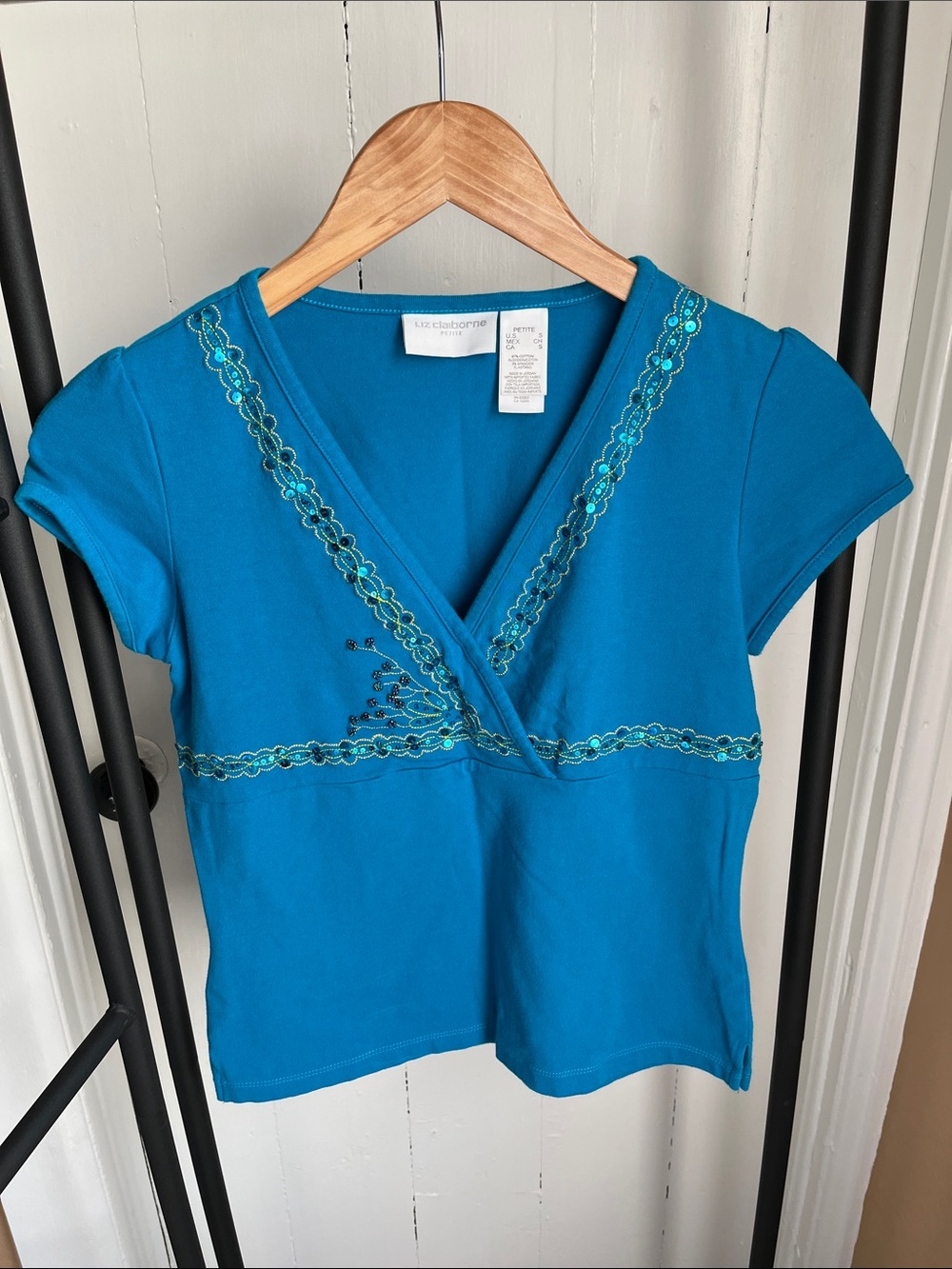 Liz Claiborne Teal V-Neck Short Sleeve Top with Embroidered Trim